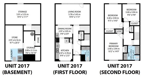 A diagram shows the layout of a basement, first floor and second floor of Unit 2017.